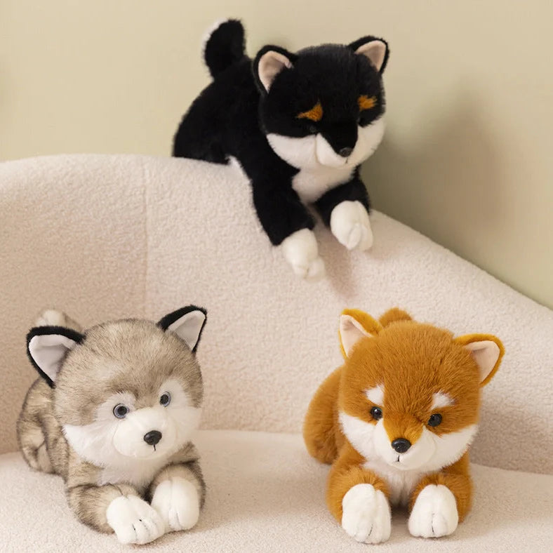 Brown Shiba Inu plush doll in lying position showing super soft short plush texture and natural posture simulation