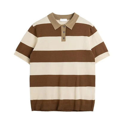 Men's striped short-sleeved business T-shirt in polyester, shown in black, coffee, white, and dark grey.