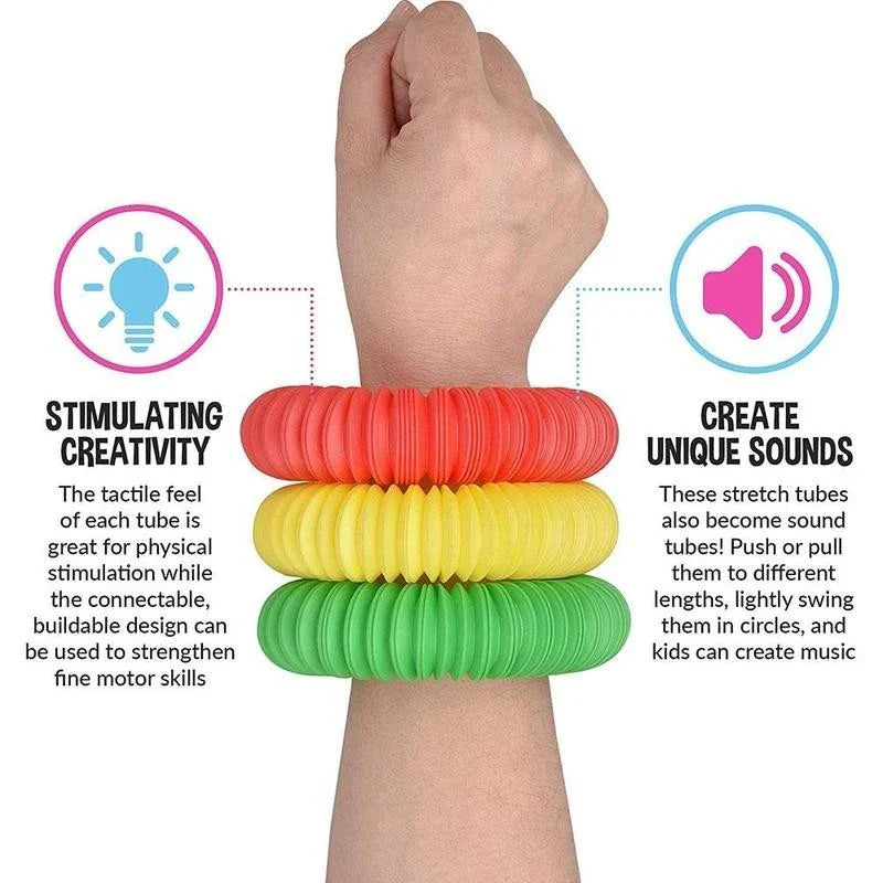Colorful, flexible sensory fidget tube toy for kids, featuring vibrant colors and customizable shapes to promote creativity and sensory development