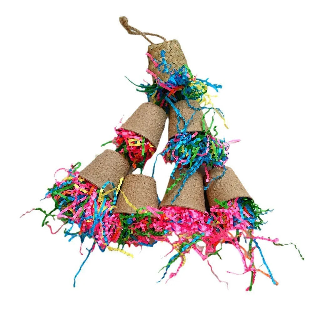 Parrot paper cup palm weaving gnawing toy with natural wood colour hanging at 38cm height