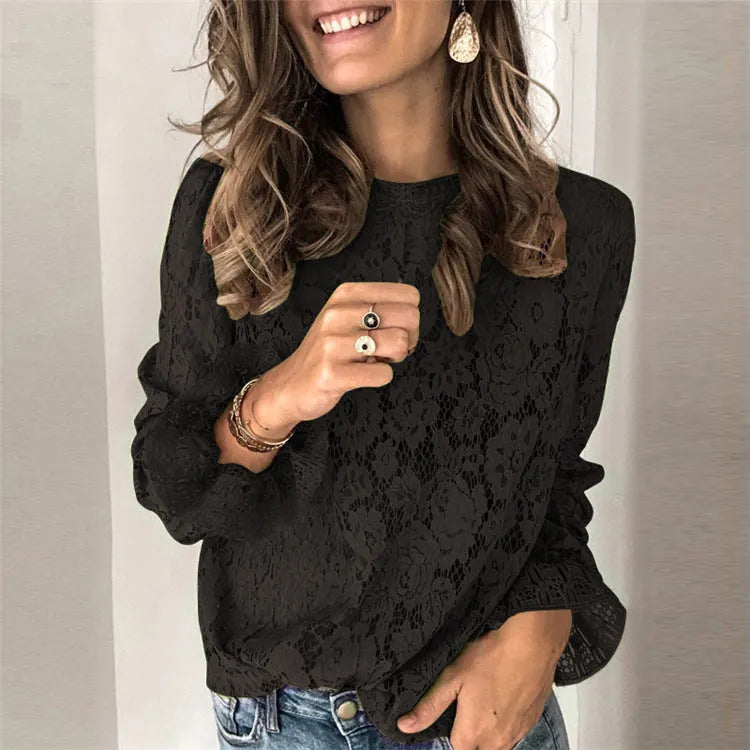 Women's hollow lace shirt with zipper detail and perspective stitching in loose medium length fit