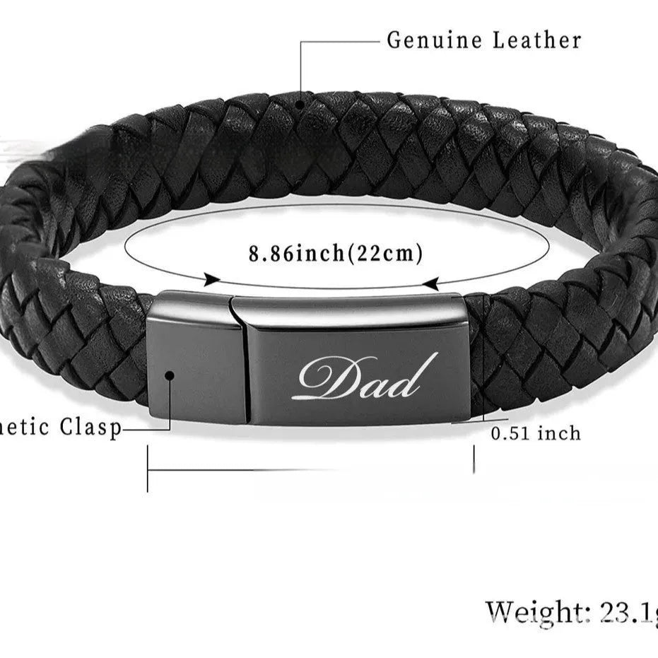 Black leather and stainless steel men's casket bracelet with engraved letters in a woven design.