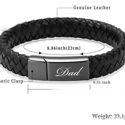 Black leather and stainless steel men's casket bracelet with engraved letters in a woven design.