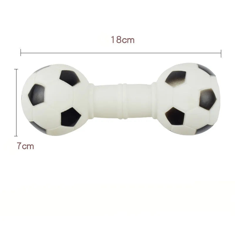 Brown, orange, white, and yellow PVC football dumbbell squeaky dog chew toy.