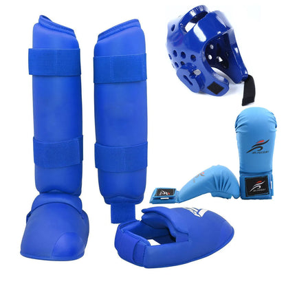 Red and blue karate protective gear set showing helmet, boxing gloves, and leg guard.