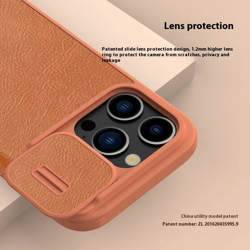 Flip-style imitation leather phone case for iPhone 14 Pro Max in black, brown, and red colour options
