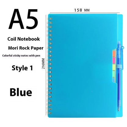 Coil-bound erasable notebook with stone paper pages and multiple cover colour options