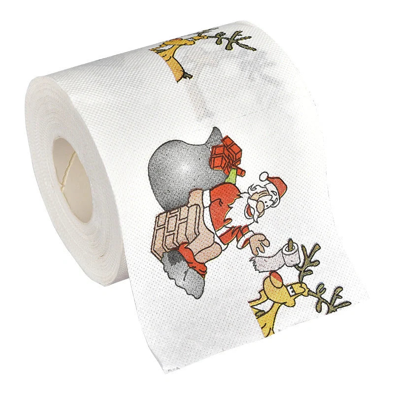 Christmas-themed toilet paper roll with Santa Claus and festive designs
