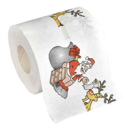 Christmas-themed toilet paper roll with Santa Claus and festive designs