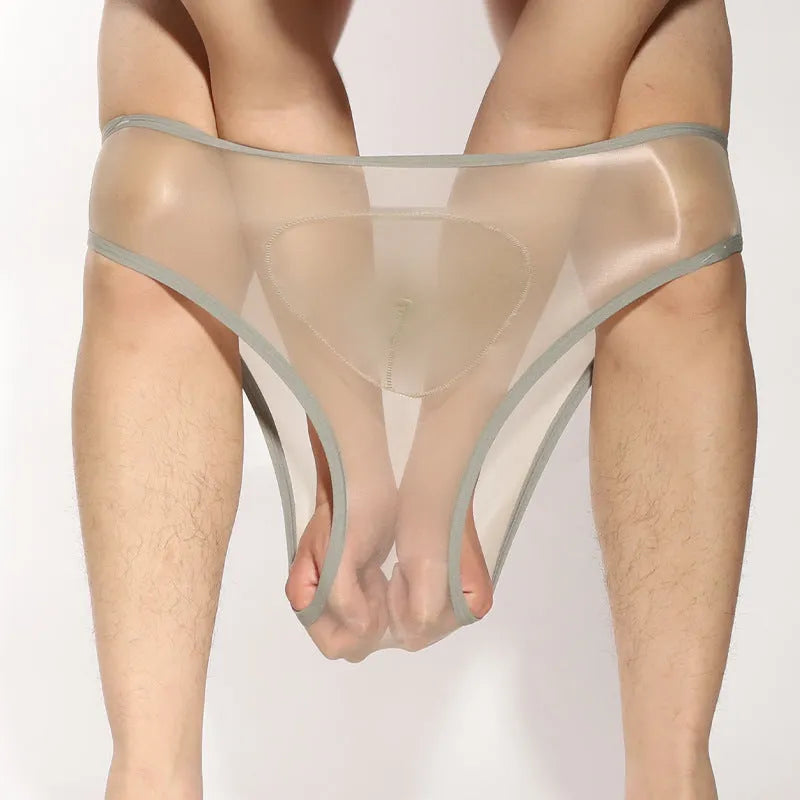 Men's shiny transparent nylon briefs with bullet separation design in multiple colours