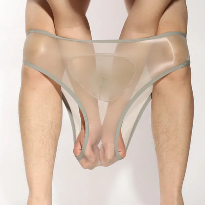 Men's shiny transparent nylon briefs with bullet separation design in multiple colours