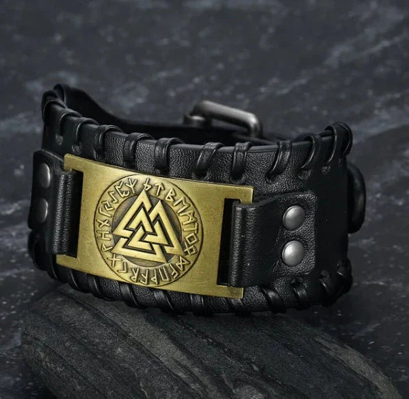 Nordic Viking PU Leather Bracelet with triangle energy design, adjustable buckle, and durable construction.