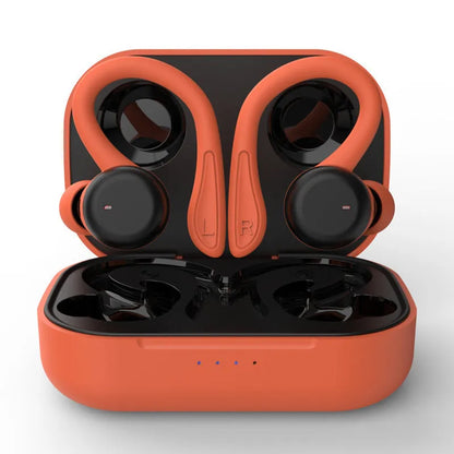 Sports true wireless hanging ear earphones in black, with removable ear hooks and multiple silicone earbuds.