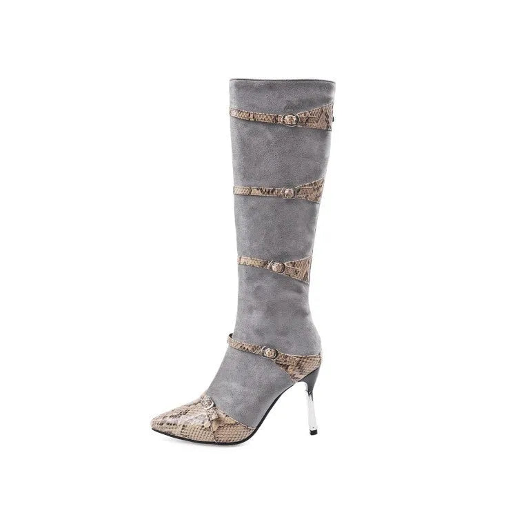 Women's grey and black knee-high boots with 9cm thin high heels, velvet lining, and rubber soles