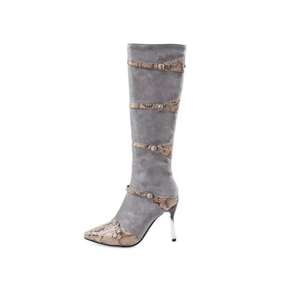 Women's grey and black knee-high boots with 9cm thin high heels, velvet lining, and rubber soles