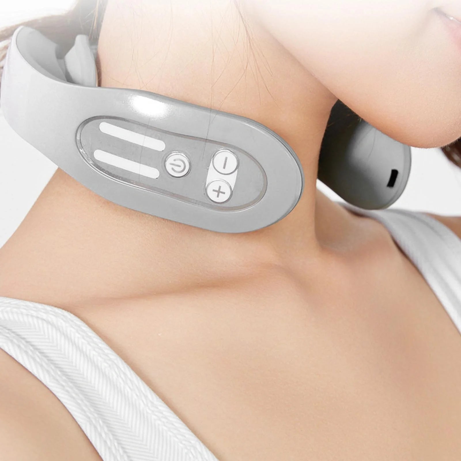 EMS Neck Massager with Heat in blue, showing ergonomic design and USB charging