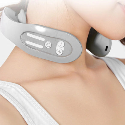 EMS Neck Massager with Heat in blue, showing ergonomic design and USB charging