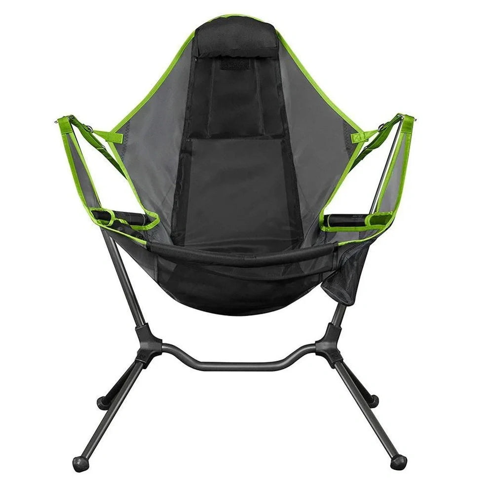 Green outdoor folding rocking chair with aluminium frame in unfolded position