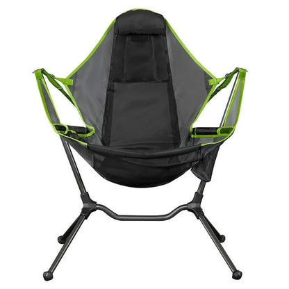 Green outdoor folding rocking chair with aluminium frame in unfolded position