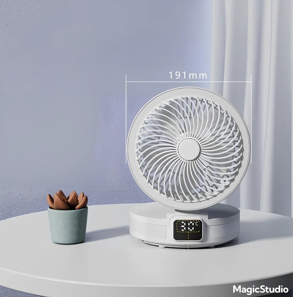 Black portable desk electric fan with foldable base, LED display, and hanging hook for versatile placement