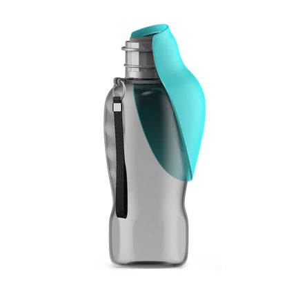 Blue grey portable dog water bottle with foldable drinking bowl and wrist strap, shown next to a dog.