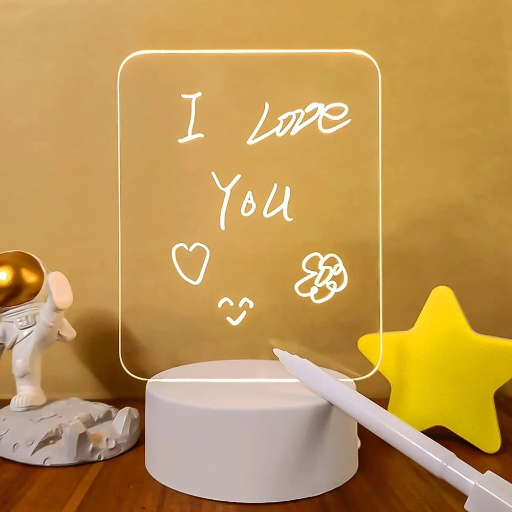 USB message board night lamp with round, rectangular and heart-shaped picture frames on 10cm base