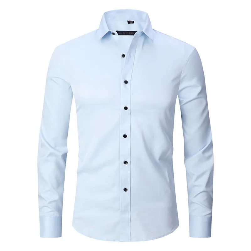 Men's stretch long sleeve work shirt in polyester, available in multiple colours and sizes S to 3XL for weights 70-130kg.