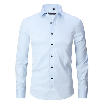 Men's stretch long sleeve work shirt in polyester, available in multiple colours and sizes S to 3XL for weights 70-130kg.