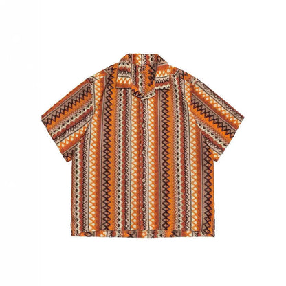 Ethnic style woven Cuban collar shirt with contrast colours, loose fit, and short sleeves.