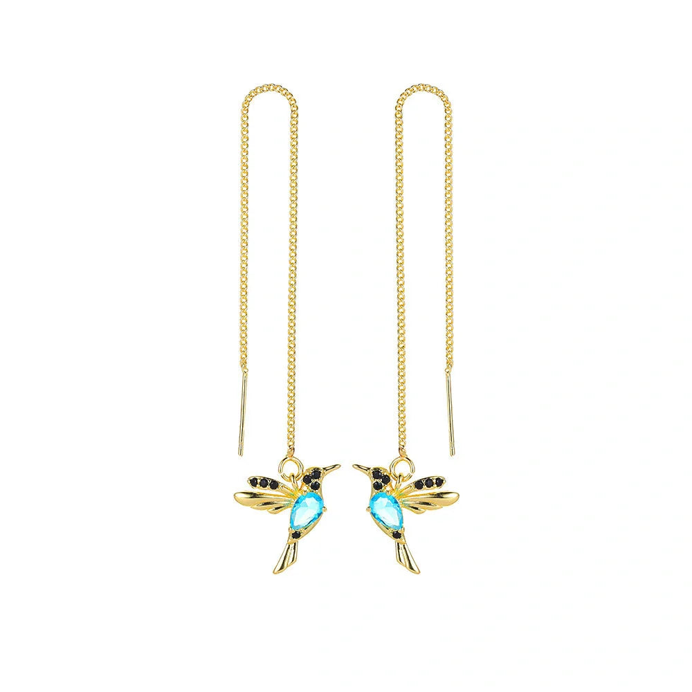 Hummingbird drop earrings with crystal pendant in rose gold, imitation gold, and anti-gold colors