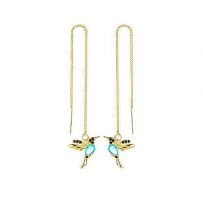 Hummingbird drop earrings with crystal pendant in rose gold, imitation gold, and anti-gold colors