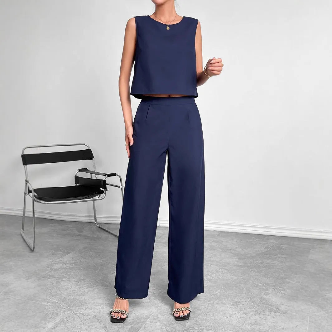 Red or navy blue sleeveless top and wide leg trousers two-piece set in 100% polyester fabric