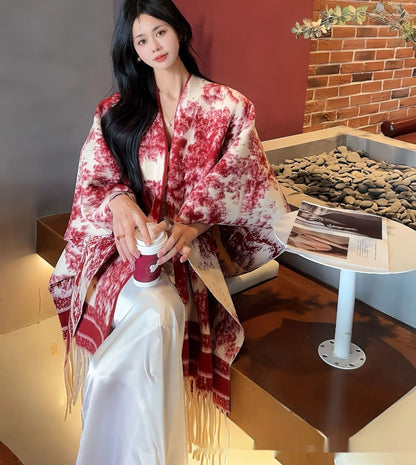 Women's polyester tassel scarf cape in free-size design showing 15 cm fringe detailing and shawl-style drape