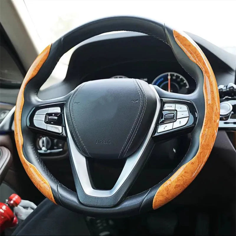 Peach wood grain steering wheel sleeve in crystal brown colour, fitted on a 38cm diameter wheel for sedans and off-road vehicles