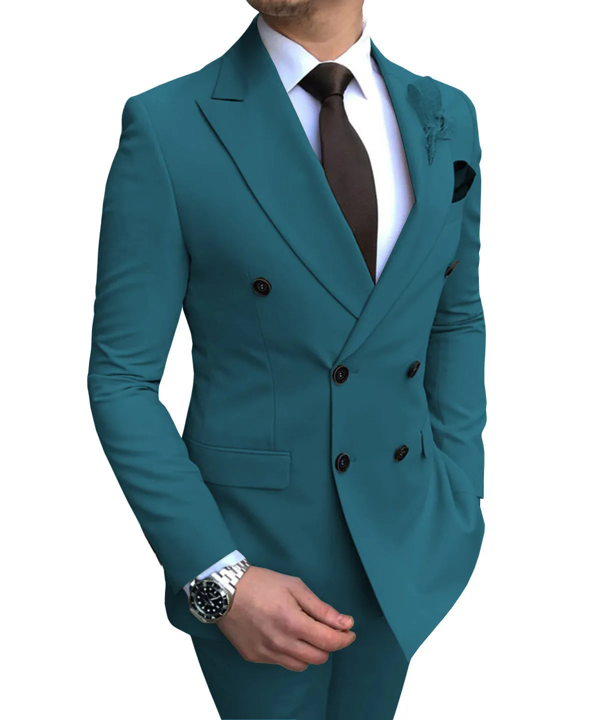 Men's two-piece slim fit wedding suit with straight collar and side slits, available in 15 colours and sizes XS to 5XL.