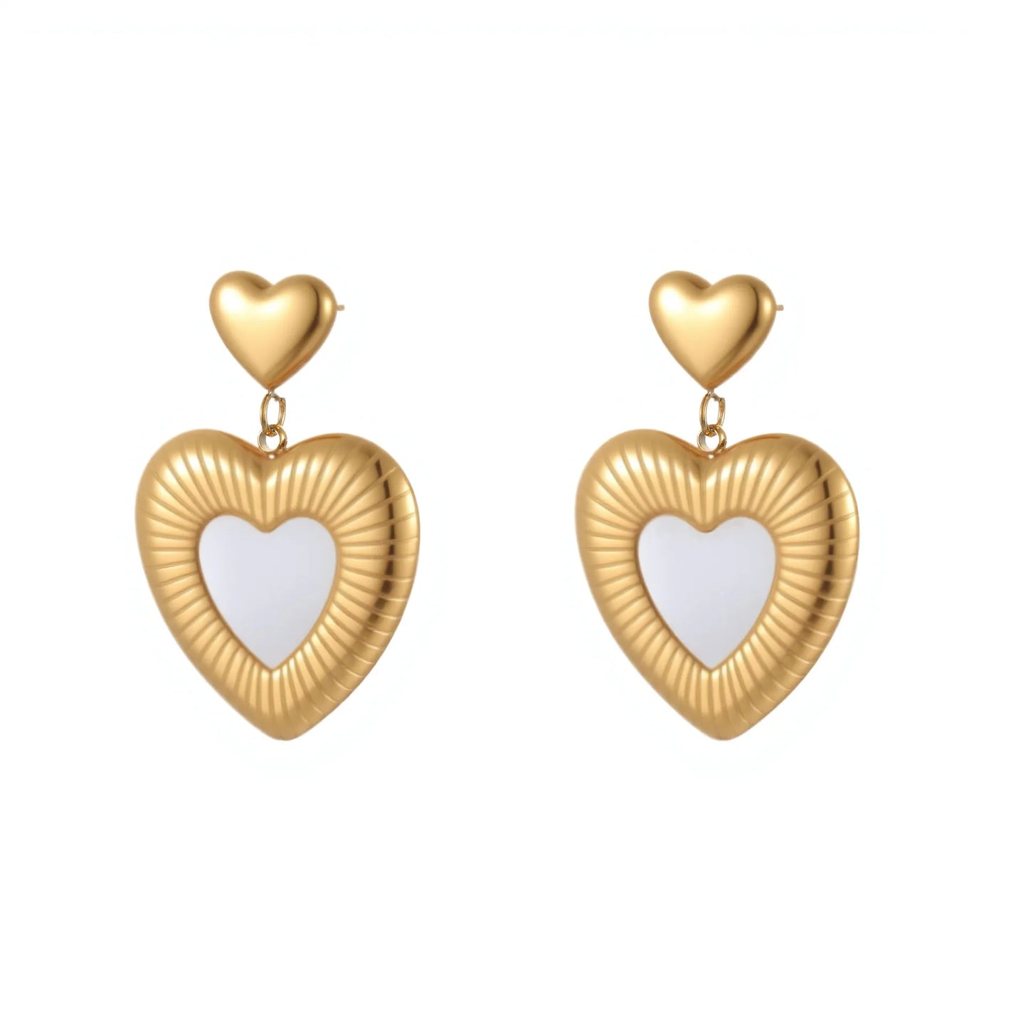 Gold-colour heart-shaped earrings with white fritillary design on stainless steel with electroplating