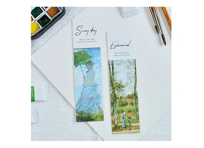 Pack of 30 white cardboard bookmarks with four artistic designs, measuring 40 by 150 millimetres.