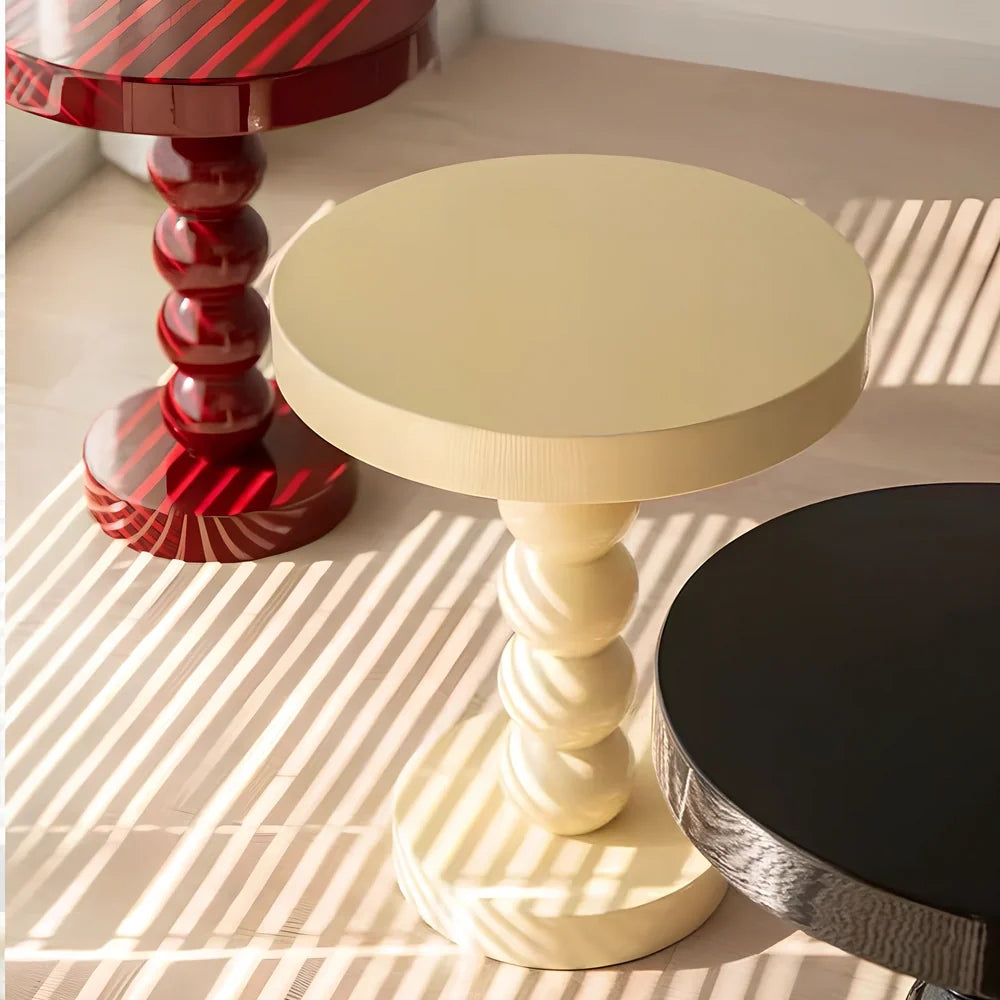 Vintage solid wood round bedside table with 40cm diameter top in minimalist design