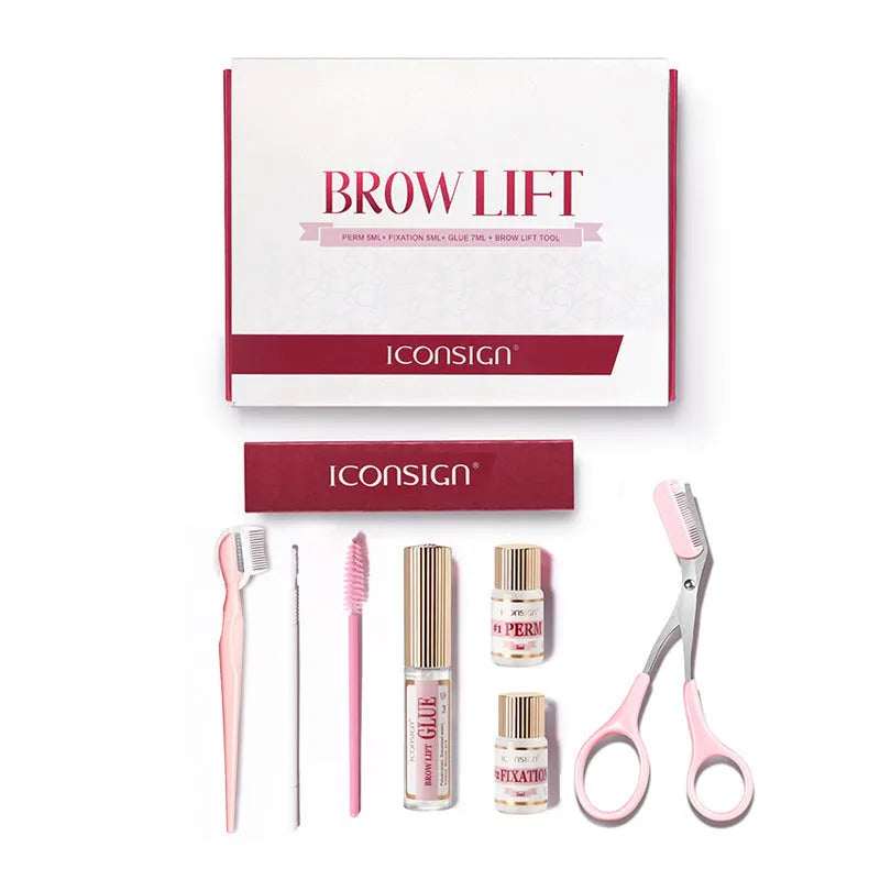 Pink eyebrow perm kit containing scalding suit and keratosis removal tool for complete brow styling