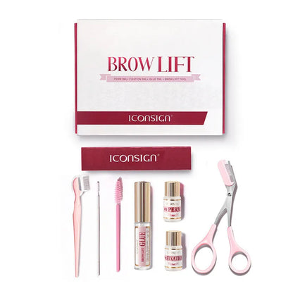 Pink eyebrow perm kit containing scalding suit and keratosis removal tool for complete brow styling