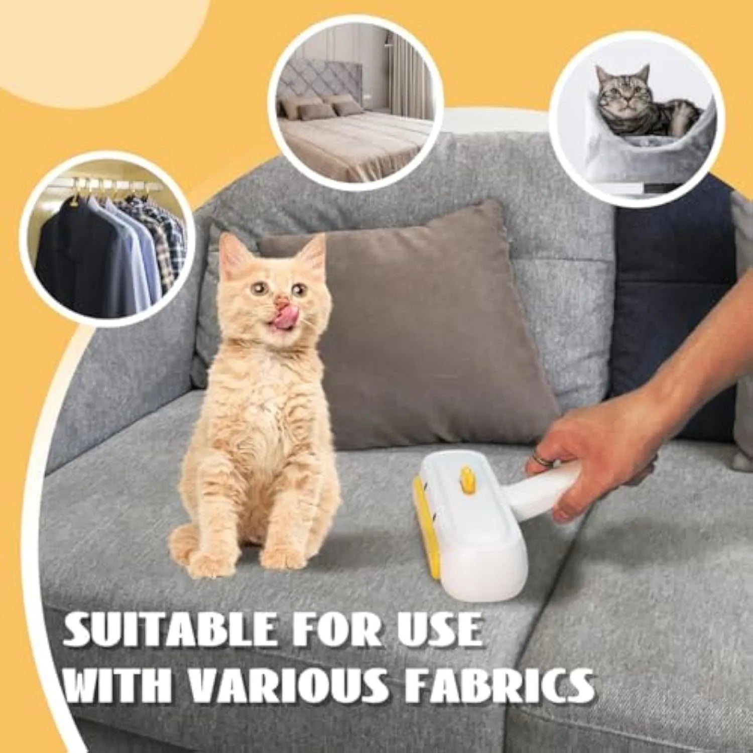 Portable pet hair remover with yellow duck design, 12cm long and 5cm wide, for removing fur from surfaces