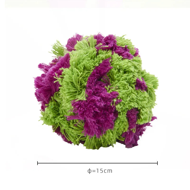 Purple plush dog chew ball toy measuring 15cm in diameter on a plain background.