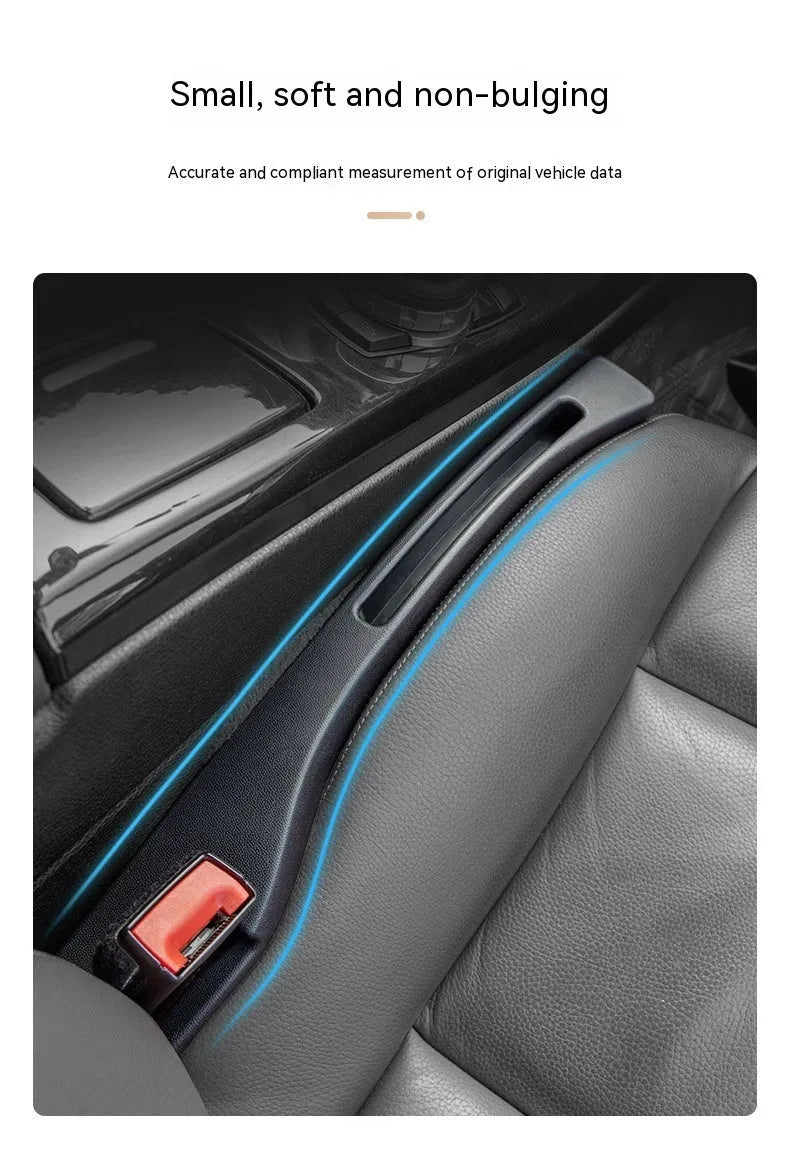 Black car seat gap storage box organiser pocket placed between vehicle seat and centre console