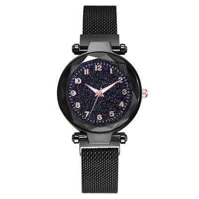 Luminous starry sky quartz watch with 20.5mm round dial, alloy strap, and stainless steel watch-bottom in five colours