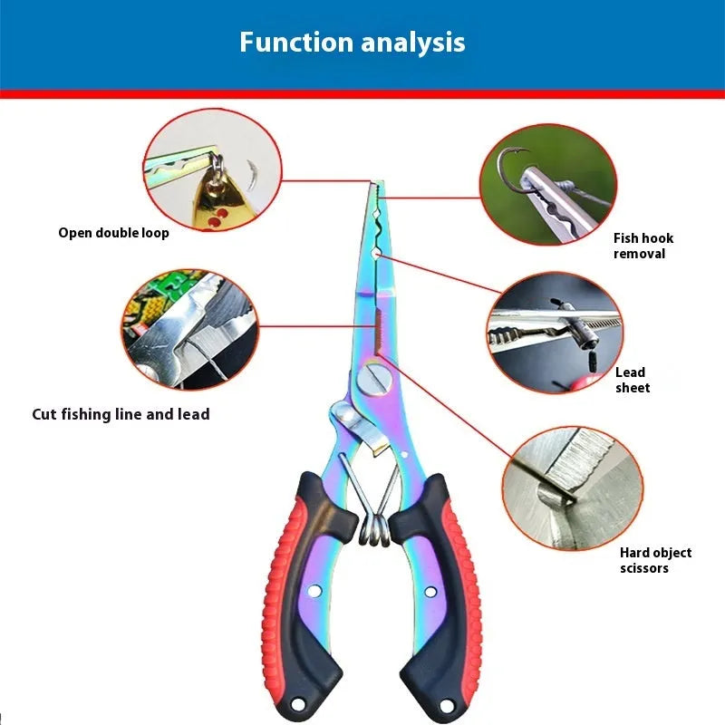 PE39 multifunctional fishing pliers with medium straight mouth and hook, showing colour handle options