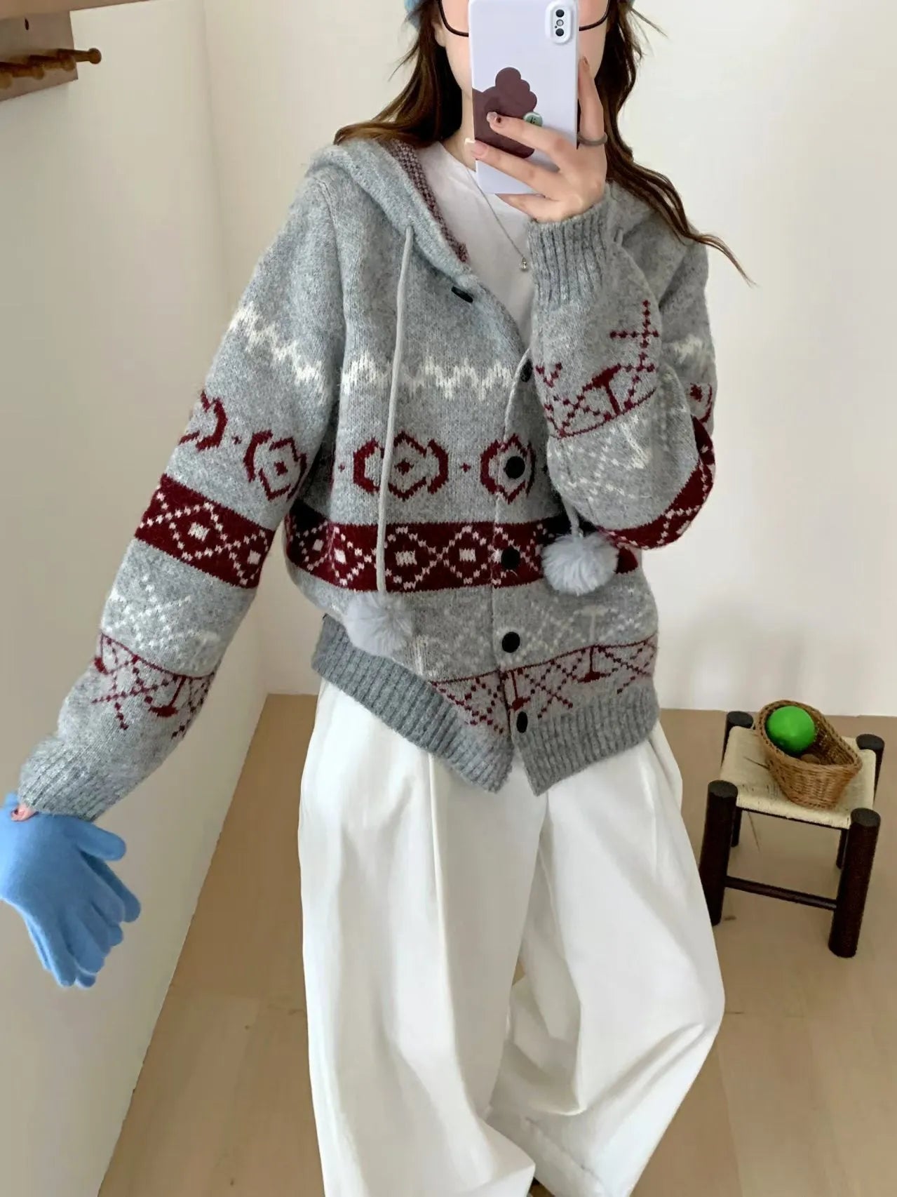 Women's loose-fit brocade sweater coat with geometric pattern in milky white colour, showing long sleeves and regular sleeve cut