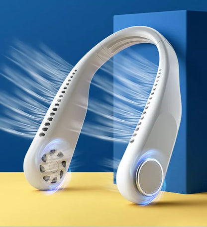 USB-powered leafless halter fan in classic black with adjustable neck strap