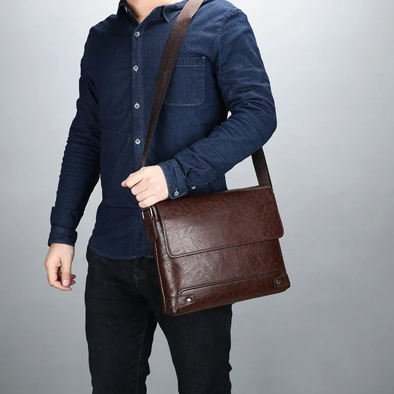 Men's PU crossbody shoulder bag in black, dark brown or khaki for business travel and commuting