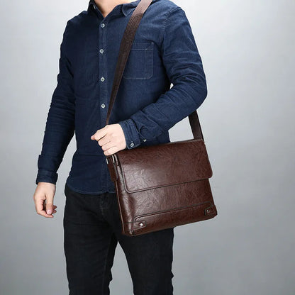 Men's PU crossbody shoulder bag in black, dark brown or khaki for business travel and commuting