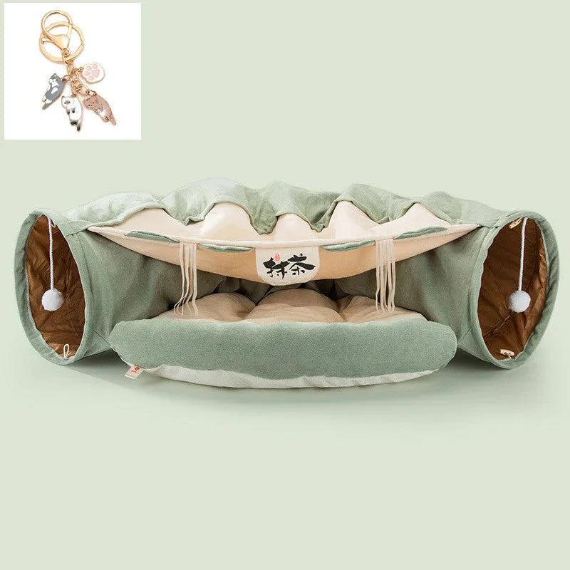 Collapsible cat tunnel in cloth material showing Bar, Coffee, Matcha and Pink colour options